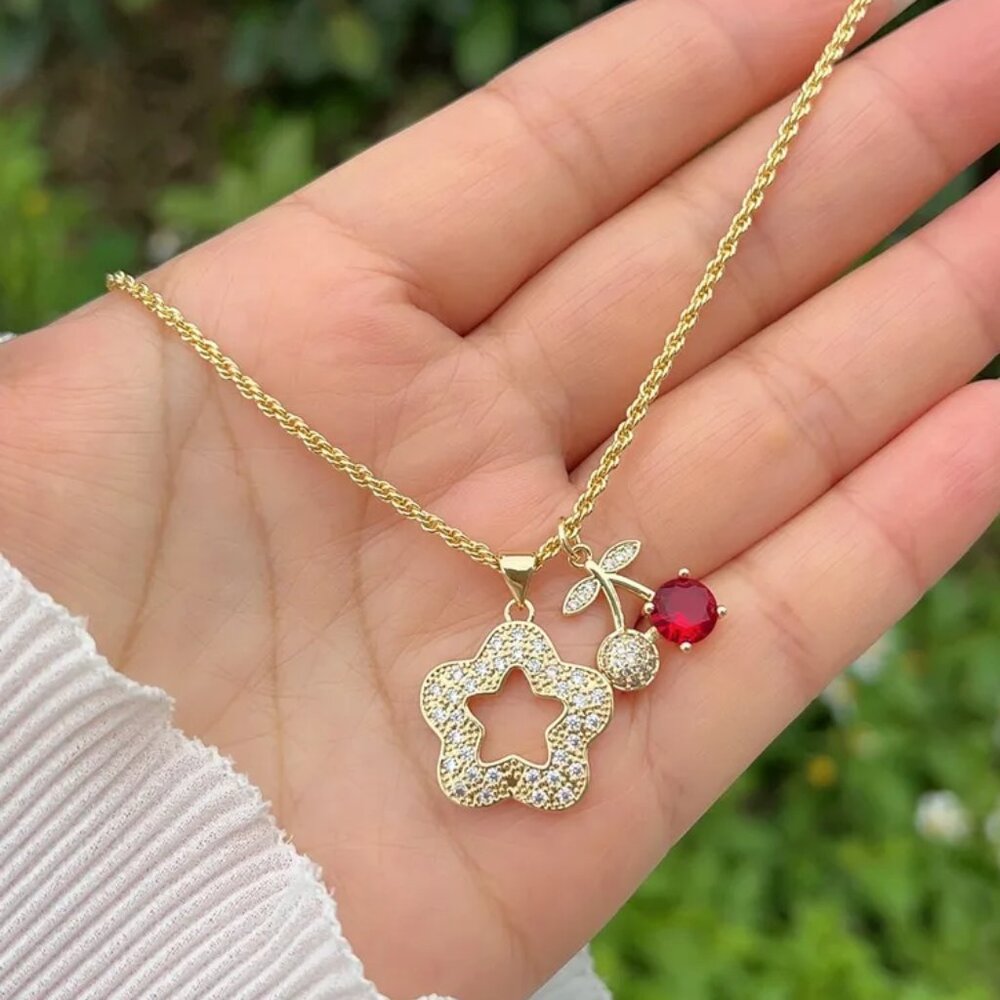 Cherry pendant necklace made of copper and zirconia, 18K Gold  plated.